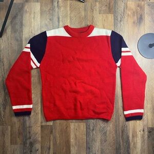 Vintage Huk A Poo Red and Blue Multi Striped Crewneck Sweater Mens Large